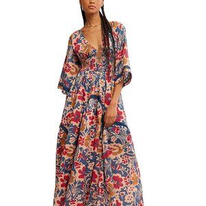 Printed Dixie V Neck 3 4 Sleeve Maxi Dress Color Vintage Indigo Combo